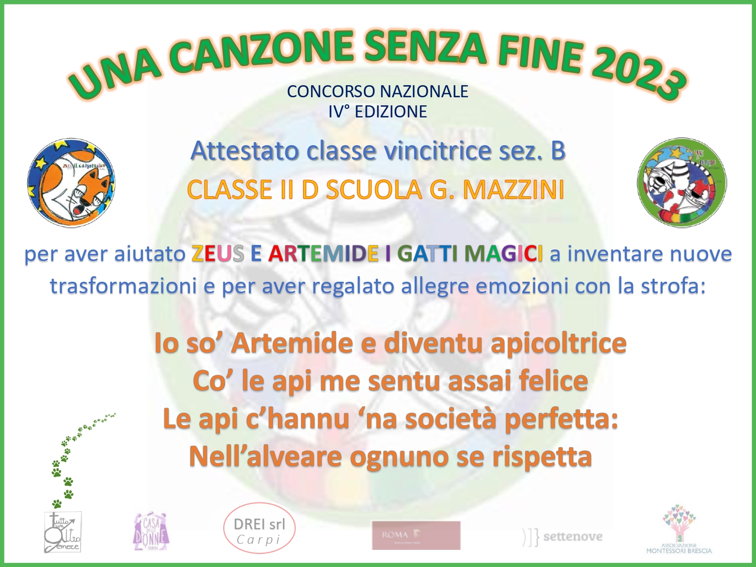 Strofa vincitrice Artemide Apicoltrice, classe IID Scuola Mazzini TR
